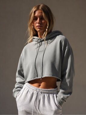 Meshki Cropped Lightweight Hoodie Sweatshirt Embroidered Logo sage | S
